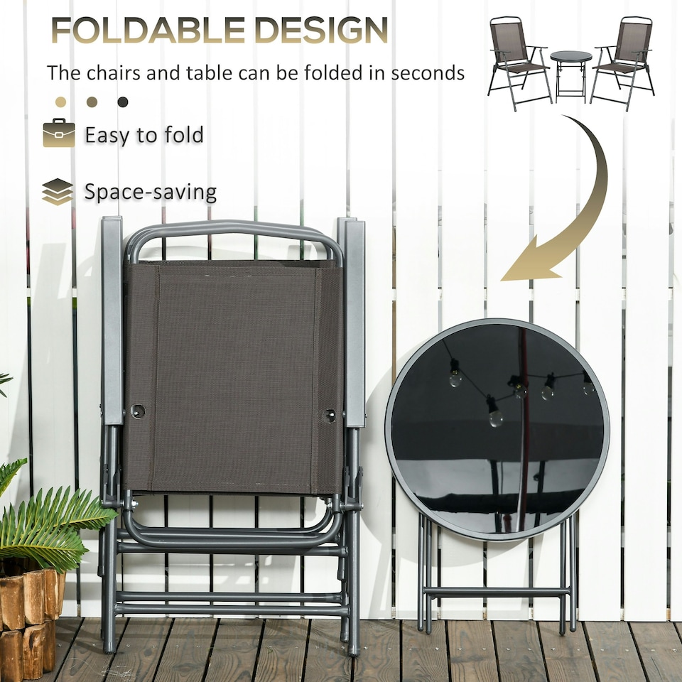 image 1 of Outsunny Patio Bistro Set Folding Chairs & Coffee Table for Balcony, Brown