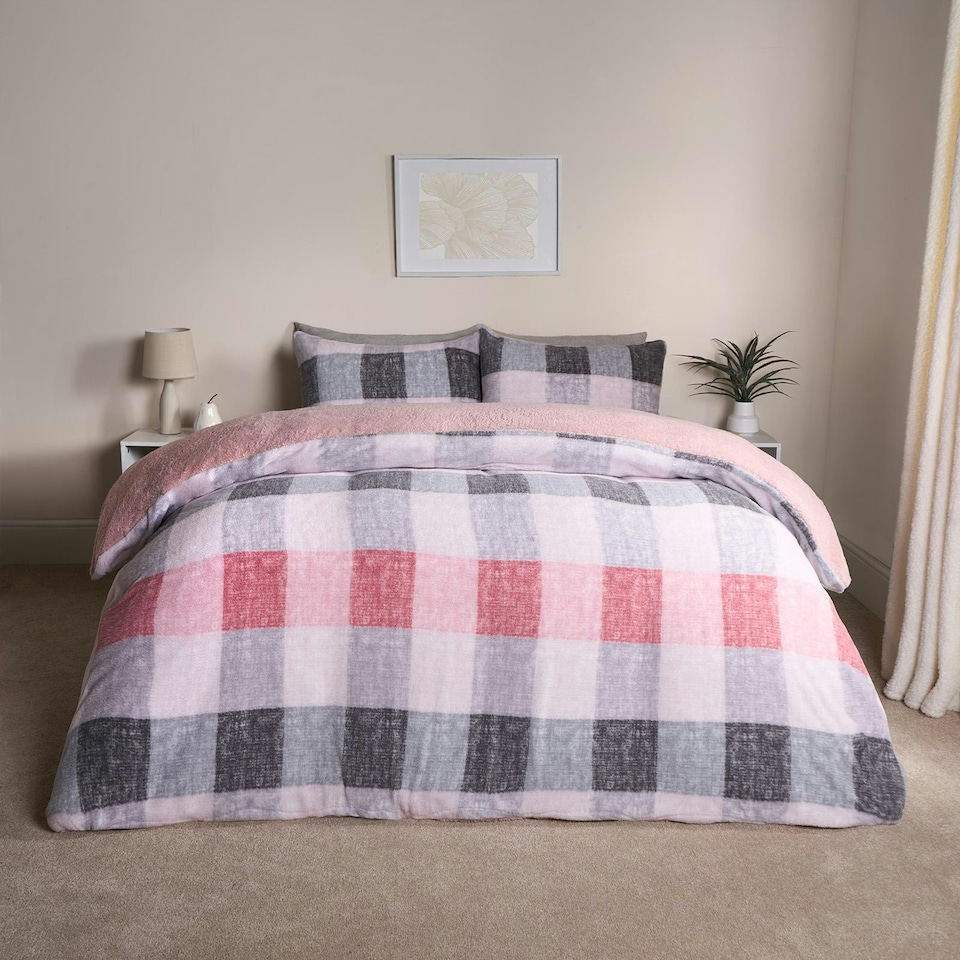 OHS Gingham Check Soft Warm Teddy Fleece Duvet Cover and Pillowcase Set, Double - Blush Pink