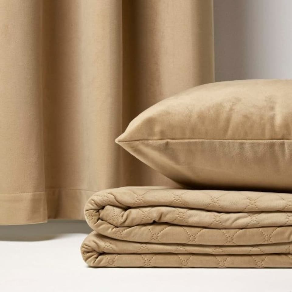 image 1 of Homescapes Thermal 100% Blackout Beige Velvet Curtains - 66 x 54" Cream