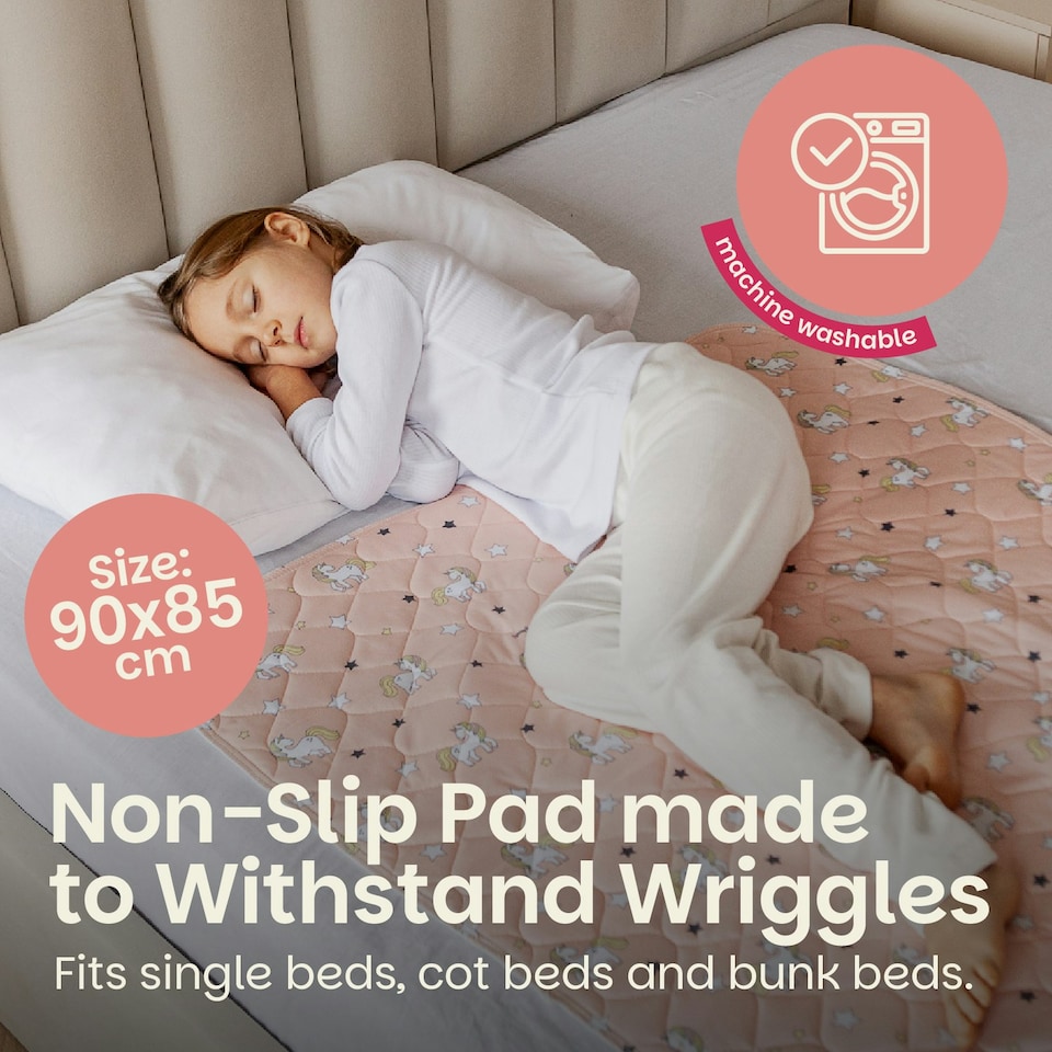 image 1 of Toddler Potty Training Bed Pads - Non-Slip - Soft Waterproof Bedwetting Pee Protector Mat for Kids - Multi-Layer, Washable, Absorbs Up to 2000ml - 90 x 85cm Pink | Unicorn | Single