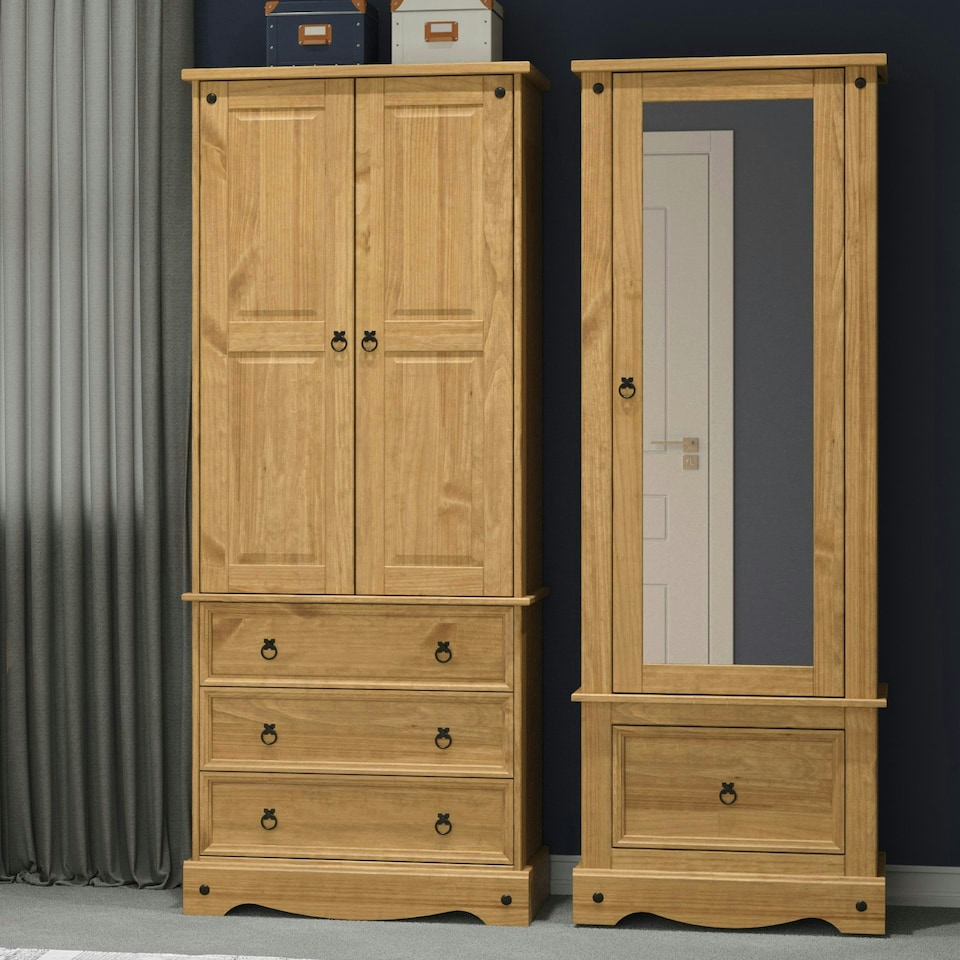 image 1 of Corona Armoire with Mirrored Door and Drawer - Solid Wood Wardrobe with Hanging Rail and Storage | Brown | Brown | One Size | 1