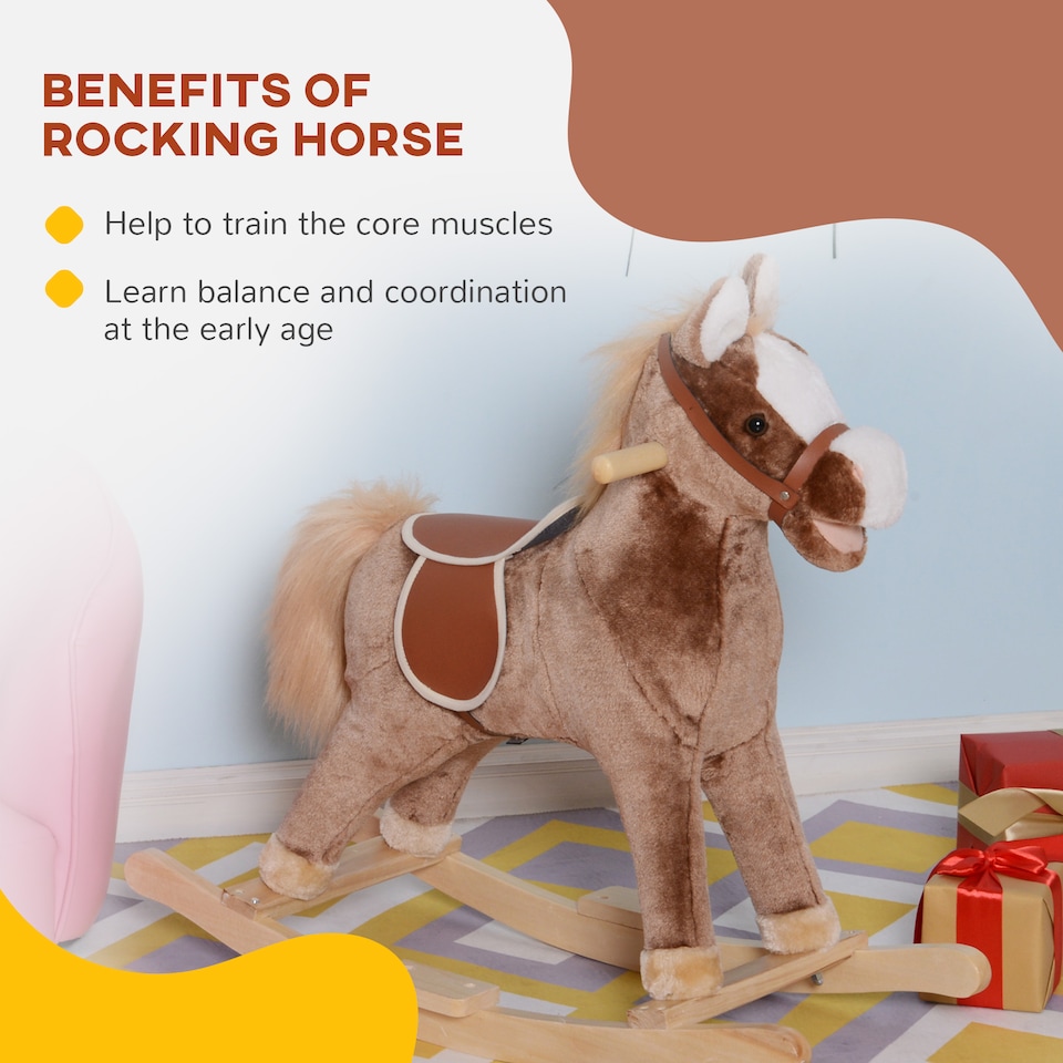 image 1 of HOMCOM Kids Children Plush Rocking Horse Wooden Base Ride On Toy Rocker with Handle Grip Traditional Toy Fun Gift for Age 3 Plus (Brown)