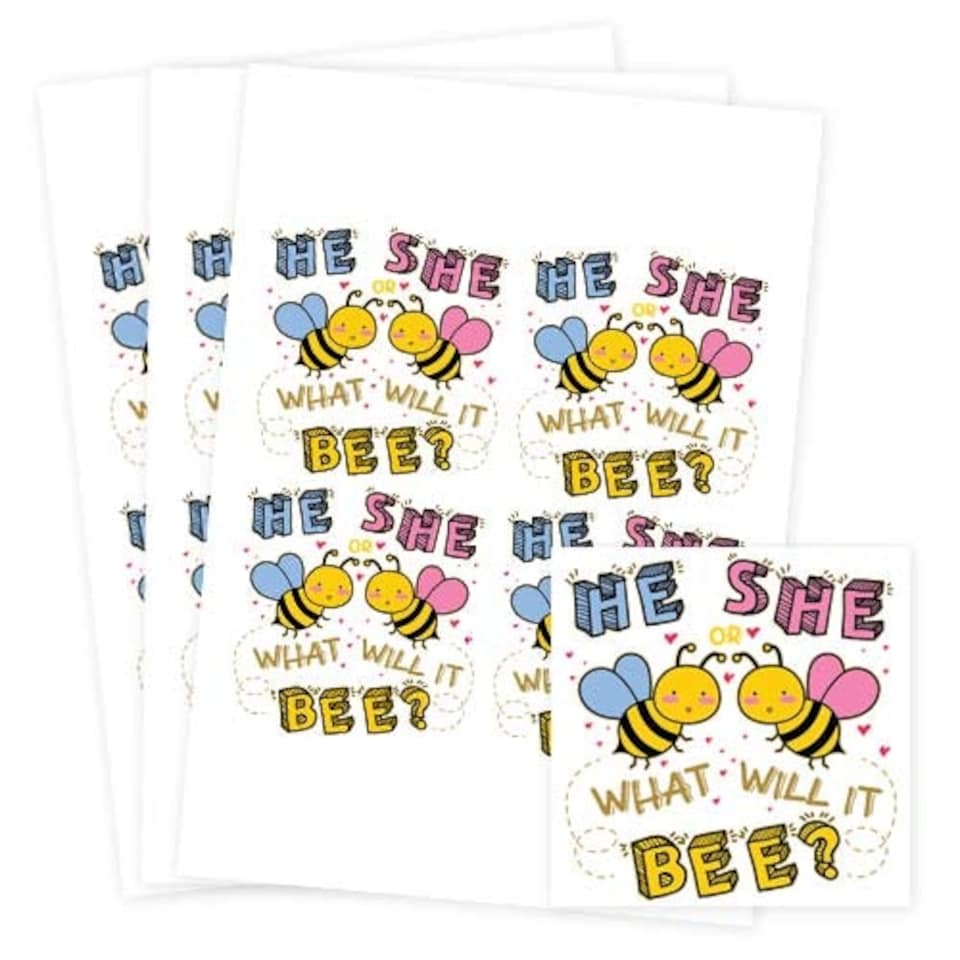 image 1 of What Will it Bee Gender Reveal Square Stickers 95mm - Sheet of 4