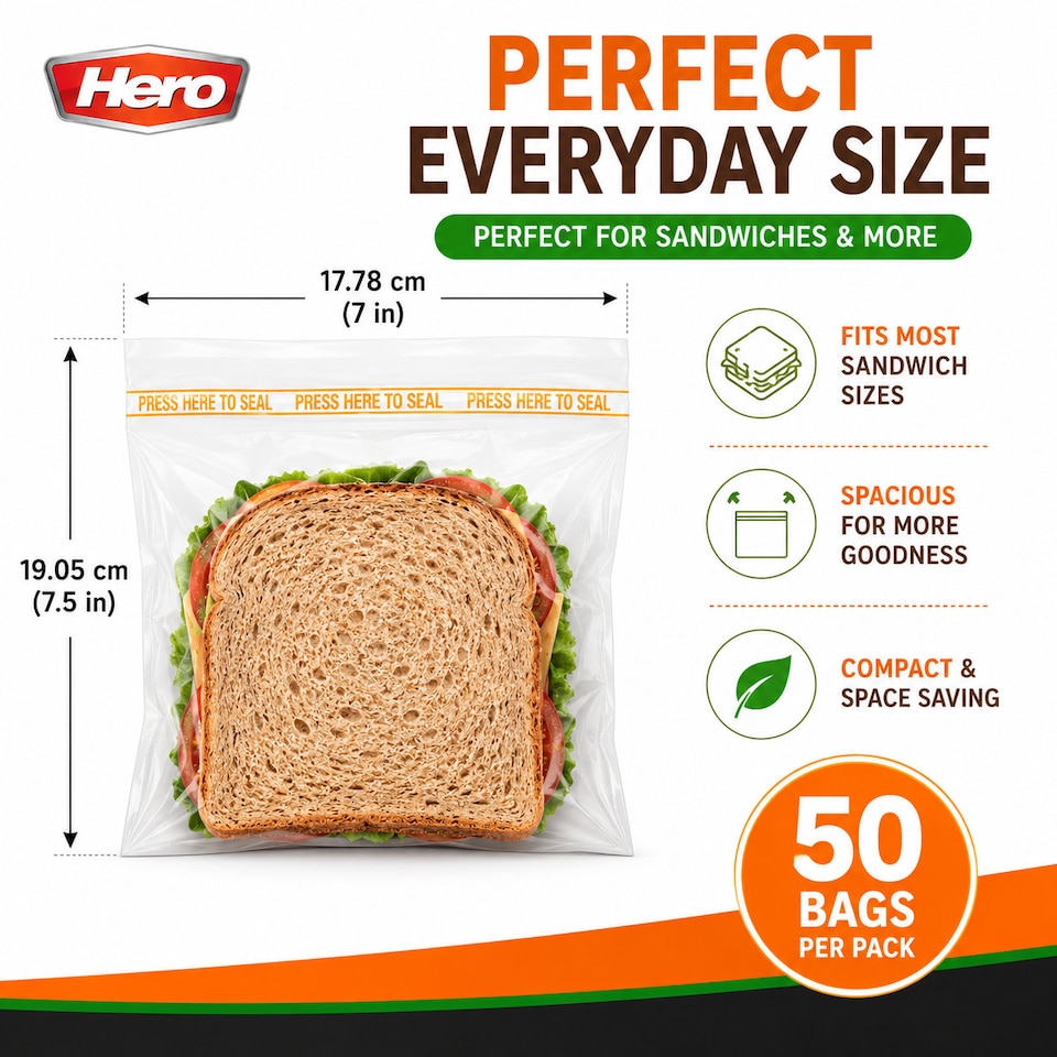 image 1 of Hero Reusable Press Seal Freezer Bags - Pack of 50 BPA Free Food Storage Bags for Sandwiches, Fruit, Meat, Vegetables & Freezer Storage