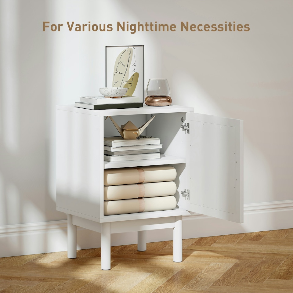 image 1 of HOMCOM Boho Bedside Table with Rattan Door and Adjustable Shelf, White White | Natural Rattan