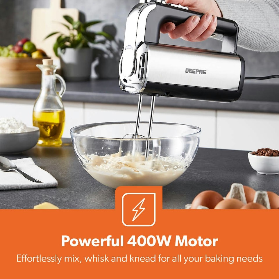 image 1 of GEEPAS Electric Hand Mixer, Electric Whisk with Storage Base 5-Speed & Turbo Eject Button, 400W
