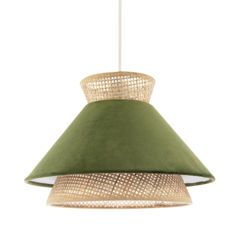 image 1 of Designer Dark Olive Velvet and Natural Rattan Pendant Lighting Shade | Green | Olive Green | 1