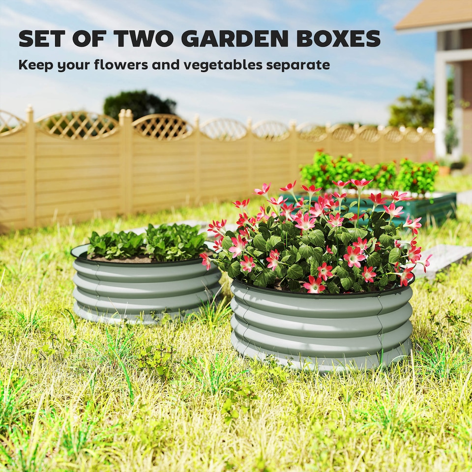 image 1 of Outsunny Set of 2 Raised Garden Bed Metal Planter Box with Safety Edging, Green | Green | Green