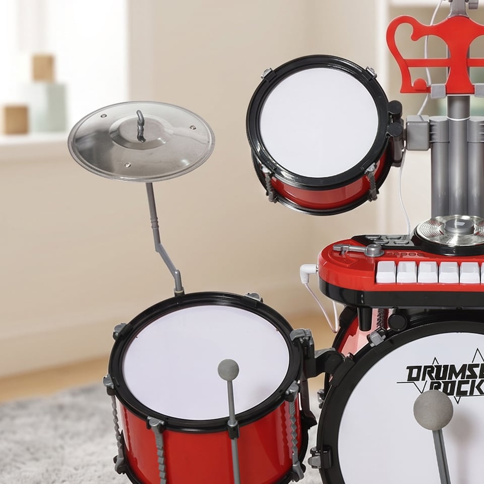 image 1 of HOMCOM Kids Drum Set for Beginners with Stool, Educational Musical Toy, Red