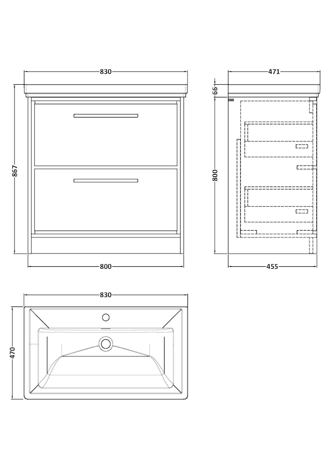image 1 of Bathroom Floor Standing 2-Drawer Vanity, Fireclay Basin, Grey, 800mm | Grey | Monument Grey | 1