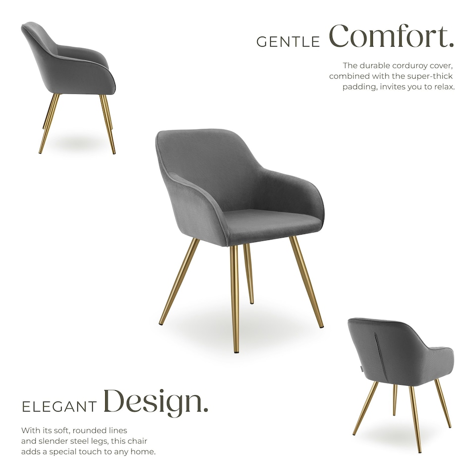 image 1 of Dining Chair Marilyn - corduroy look, upholstered, armchair, continuous backrest - Set of 4 Grey | Grey/Gold