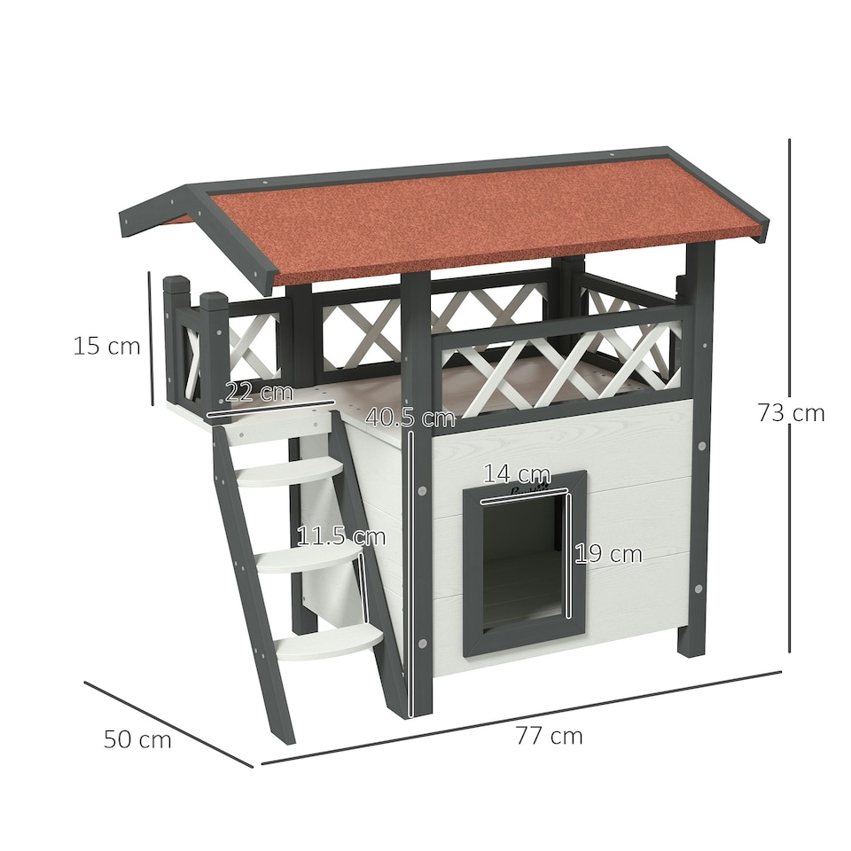 image 1 of PawHut Outdoor Cat House w/ Balcony Stairs Roof, White