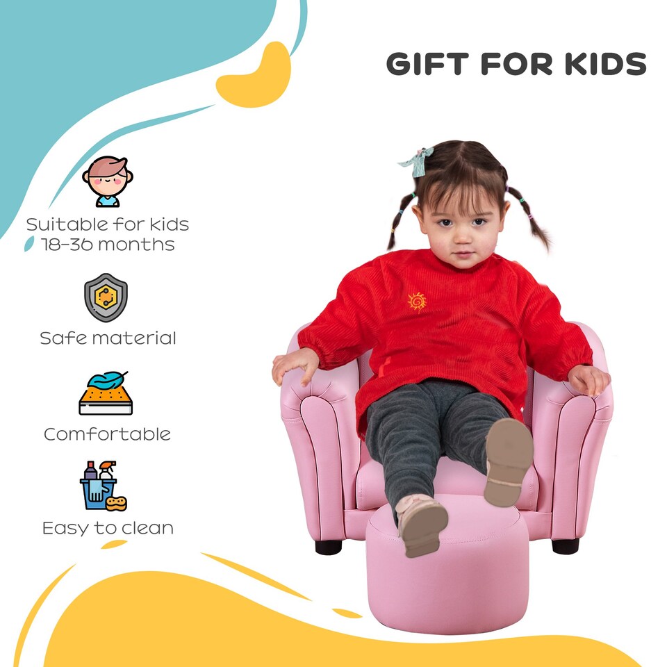 image 1 of HOMCOM Kids Sofa Set Toddler Chair Children Couch Seating Armchair w Footstool | Pink | One Size