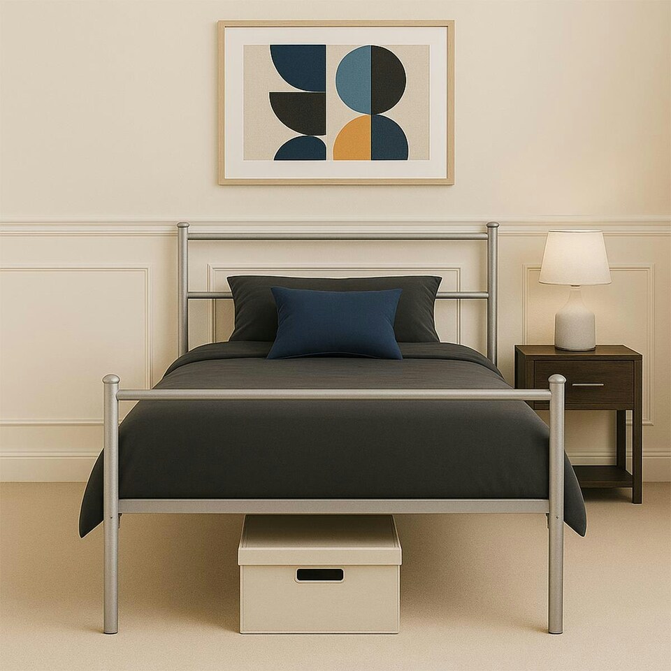 image 1 of Single Metal Bed Extra Strong Frame Adult Childs Bedroom Silver Easy Assembly