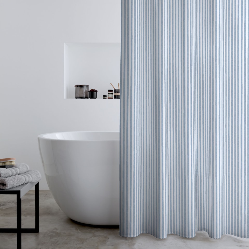 image 1 of Catherine Lansfield Timeless Stripe Shower Curtain | Blue | One Size