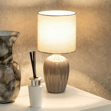 ValueLights Carbone Pair of Grey Fluted Ceramic Bedside Table Lamps with a Fabric Lampshade