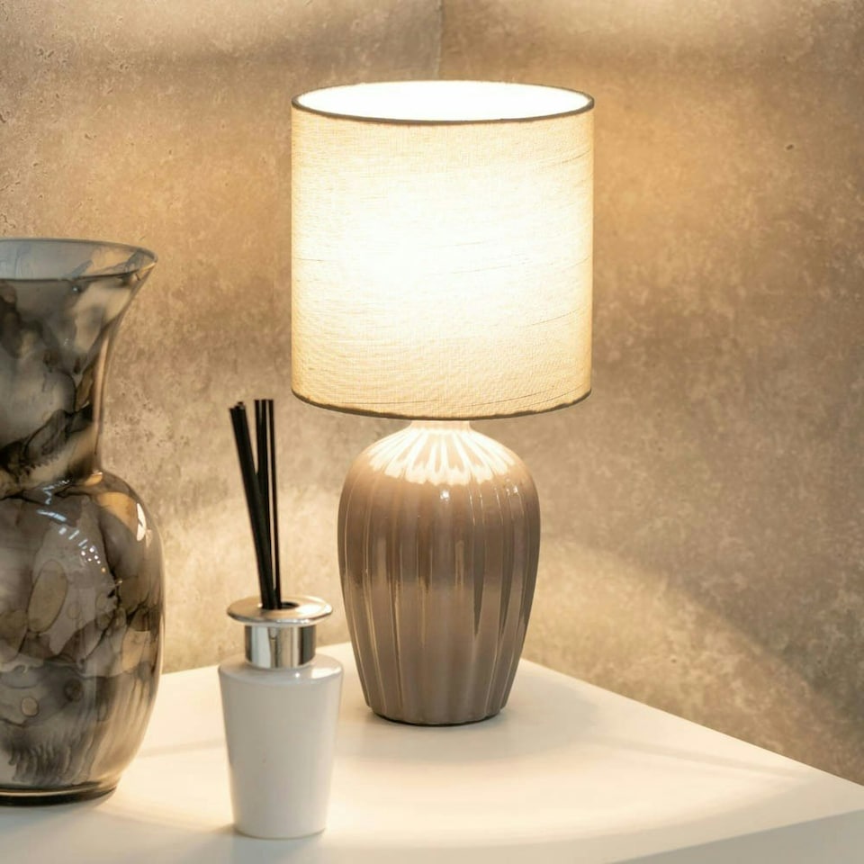 image 1 of ValueLights Carbone Pair of Grey Fluted Ceramic Bedside Table Lamps with a Fabric Lampshade