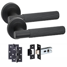 Golden Grace 1 Set Knurled T-Bar Door Handles in Matt Black Finish with Latch and Ball Bearing Hinges | Black | 1 Set