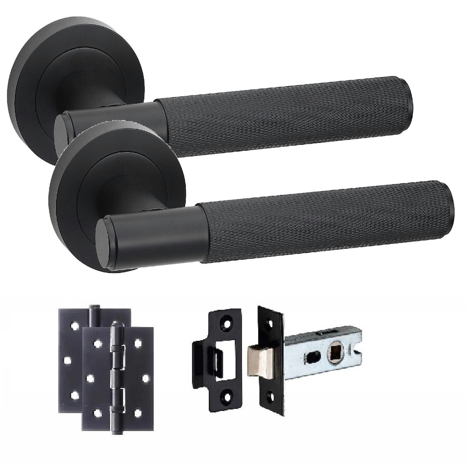 image 1 of Golden Grace 1 Set Knurled T-Bar Door Handles in Matt Black Finish with Latch and Ball Bearing Hinges | Black | 1 Set