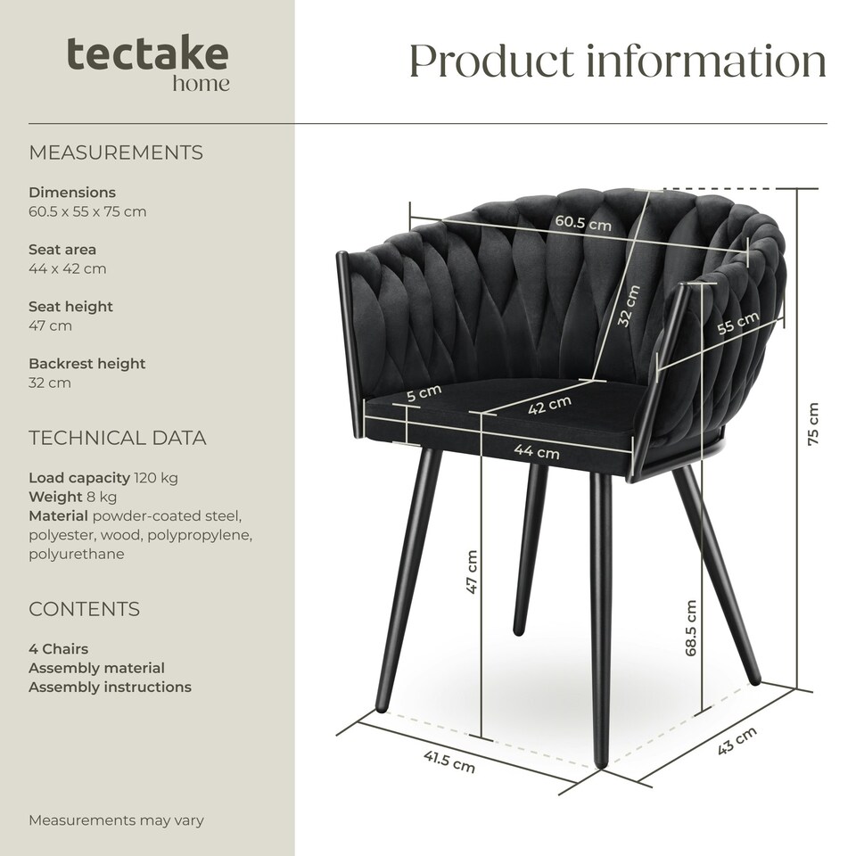image 1 of Dining Chair Astano - padded, velvet, knot design, continuous backrest - Set of 4 Black
