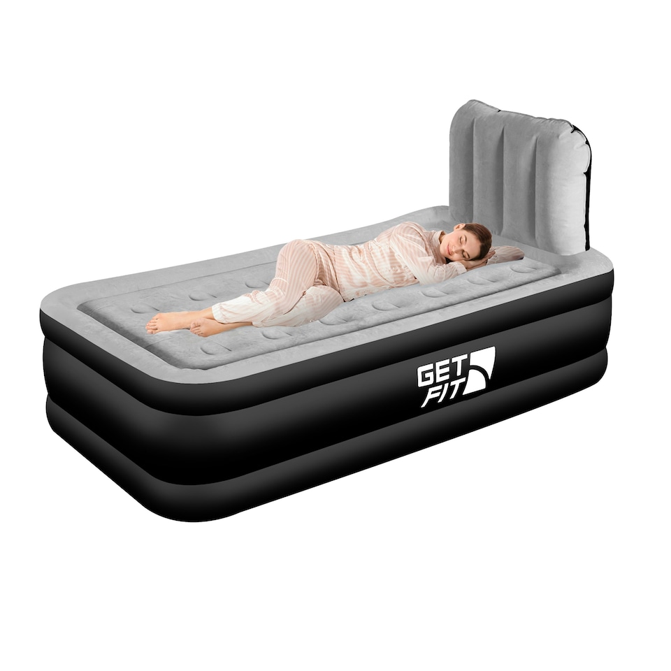 image 1 of Get Fit Air Bed With Built In Electric Pump - Premium Single Airbed - Quick Blow Up Bed With Headboard & Inflatable Pillow - Elevated Air Mattress- Black/Grey
