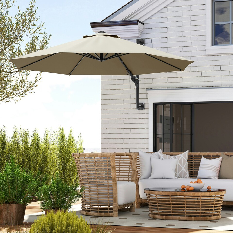 image 1 of Outsunny Sun Parasol with Vent, Wall Umbrella for Patio, Garden, Pool Brown | Khaki
