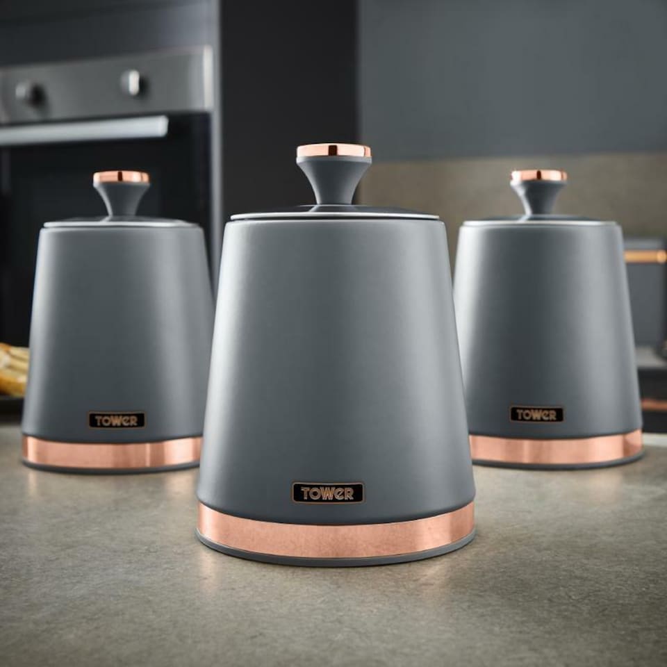 image 1 of Tower Grey & Rose Gold Pyramid Kettle Toaster Bread Bin & Canisters Set