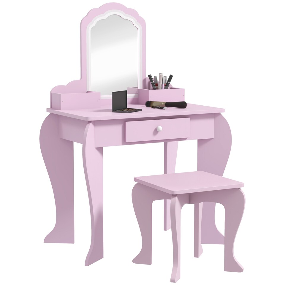 image 1 of ZONEKIZ Kids Dressing Table, Cloud Design w Mirror, Stool, Drawer, Storage Box | Pink