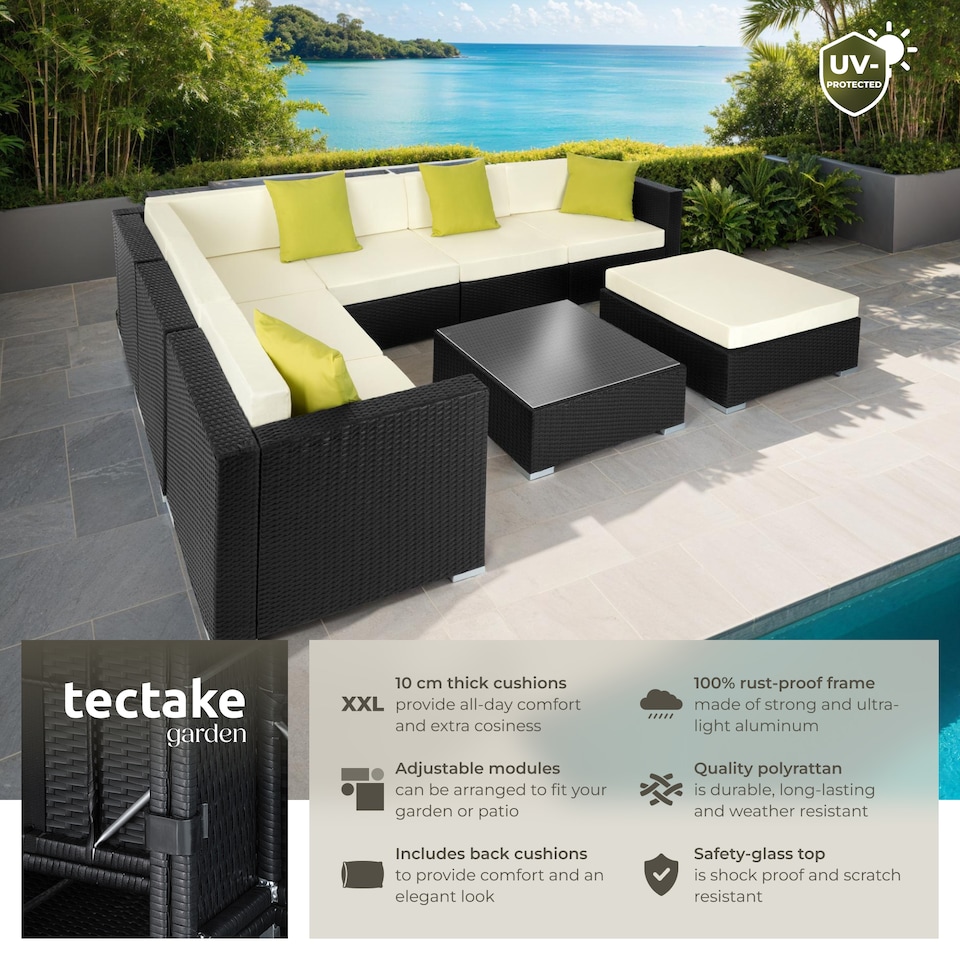 image 1 of Garden Furniture Set Marbella - 7 seater outdoor corner sofa, table, thick cushions | Black | black | 74 x 74 x 36 cm | 1