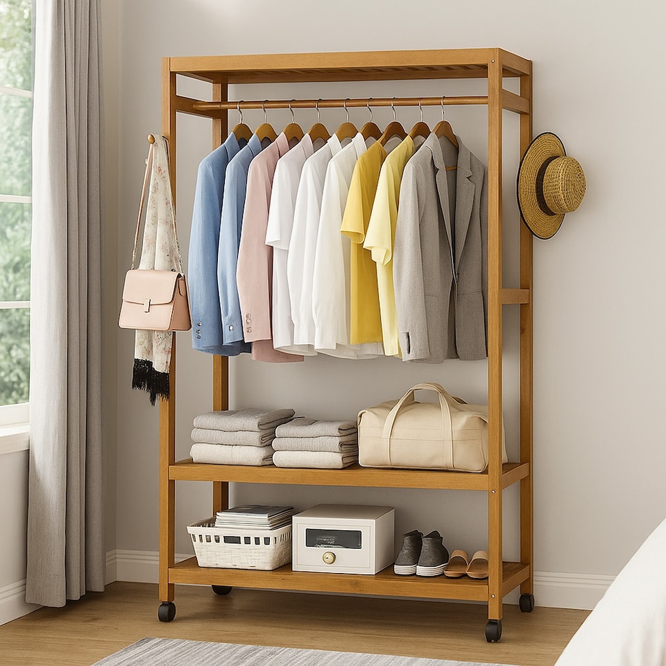 image 1 of Heavy Duty Wooden Clothes Stand – Garment for Open Wardrobe with Wheels