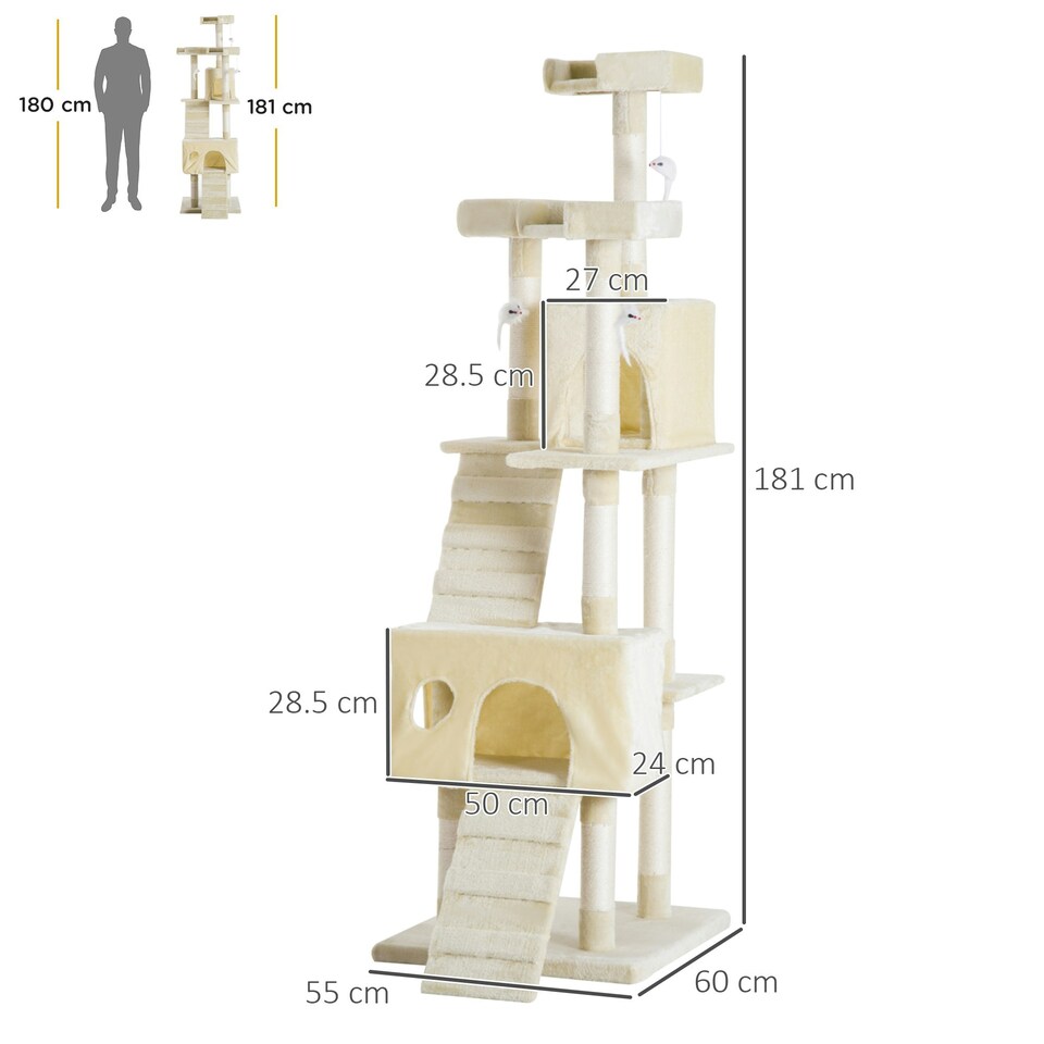 image 1 of PawHut Cat Tree, Kitten Scratch Post Climbing Tower 181 cm for Indoor, Beige