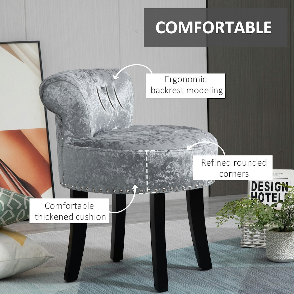 image 1 of HOMCOM Dressing Table Stool Vanity Seat w/ Rubber Wood Legs Bedroom - Grey