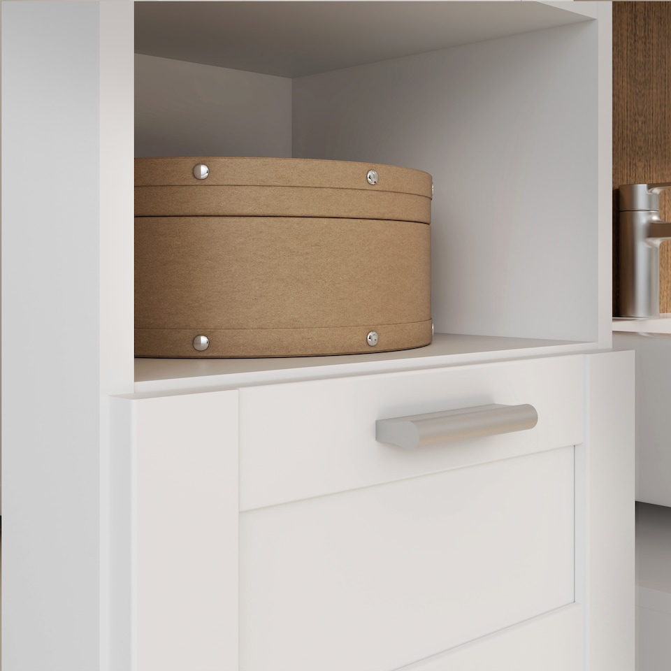 image 1 of Lokko Tall Narrow Bathroom Cabinet with 2 Doors & 1 Drawer with Silver Handles in White