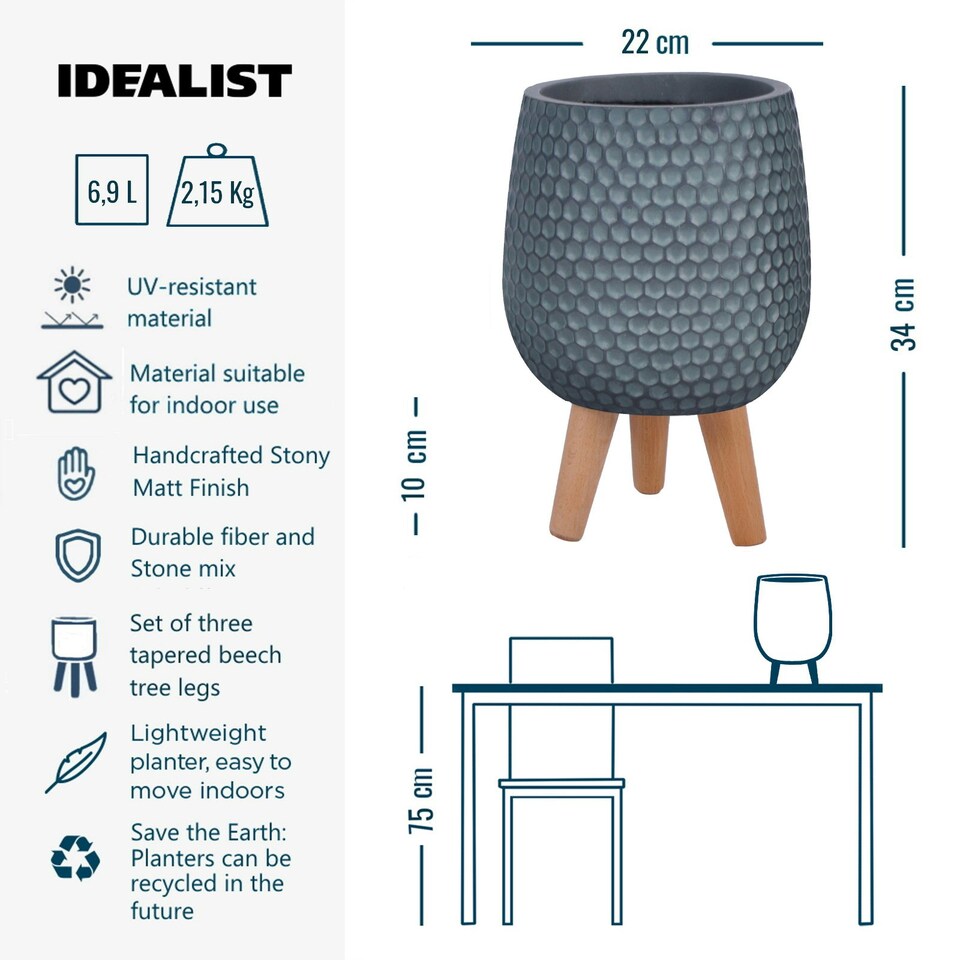 image 1 of Honeycomb Style Green Grey Planter with Legs, Round Indoor Plant Pot Stand for Indoor Plants by Idealist Lite D21 H34 cm, 6L
