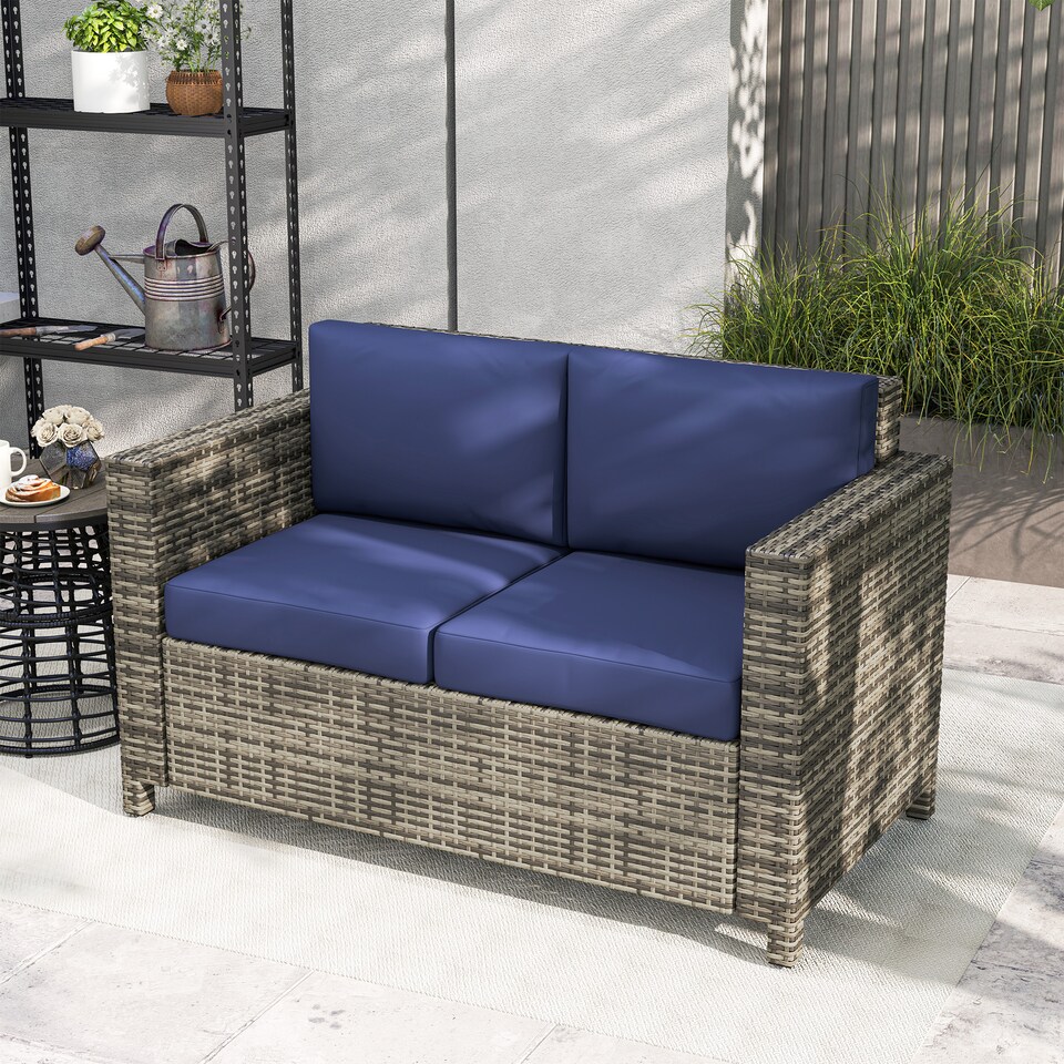 image 1 of Outsunny Rattan Sofa, 2 Seater Garden Furniture with Soft Padded Cushion and Armrests, Wicker Garden Loveseat for Patio, Navy Blue | Blue | Two Seater