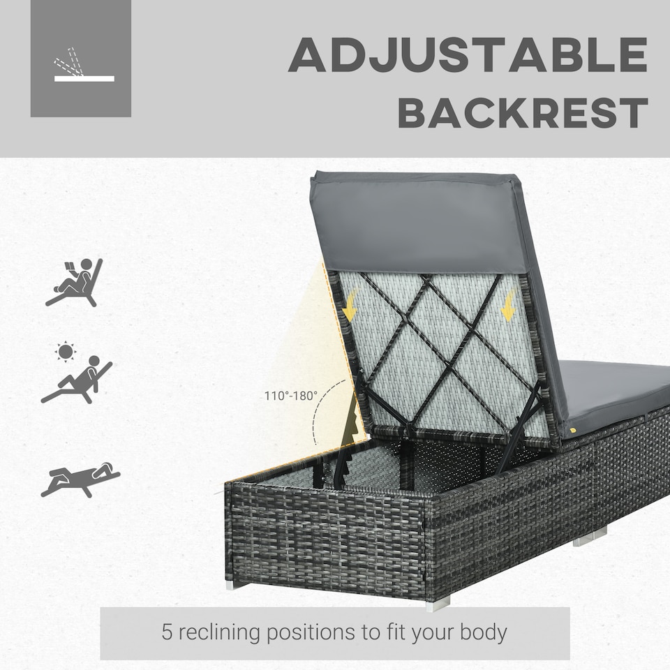 image 1 of Outsunny PE Rattan Sun Lounger, Five-level Adjustable Recliner Bed Chair with Soft Padded Cushion for Patio, Garden, Mixed Grey