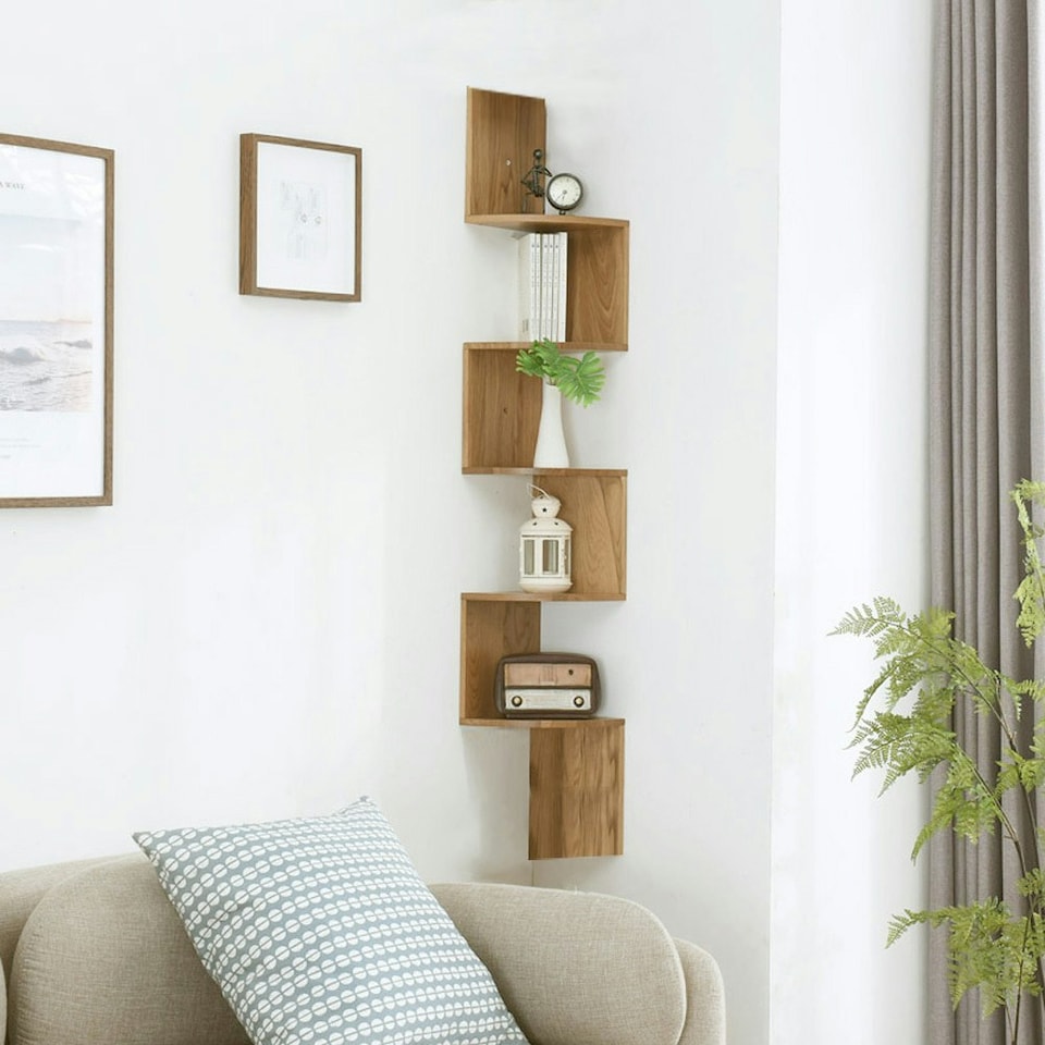 image 1 of Living and Home 5 Tiered Wooden Floating Corner Shelf, Brown