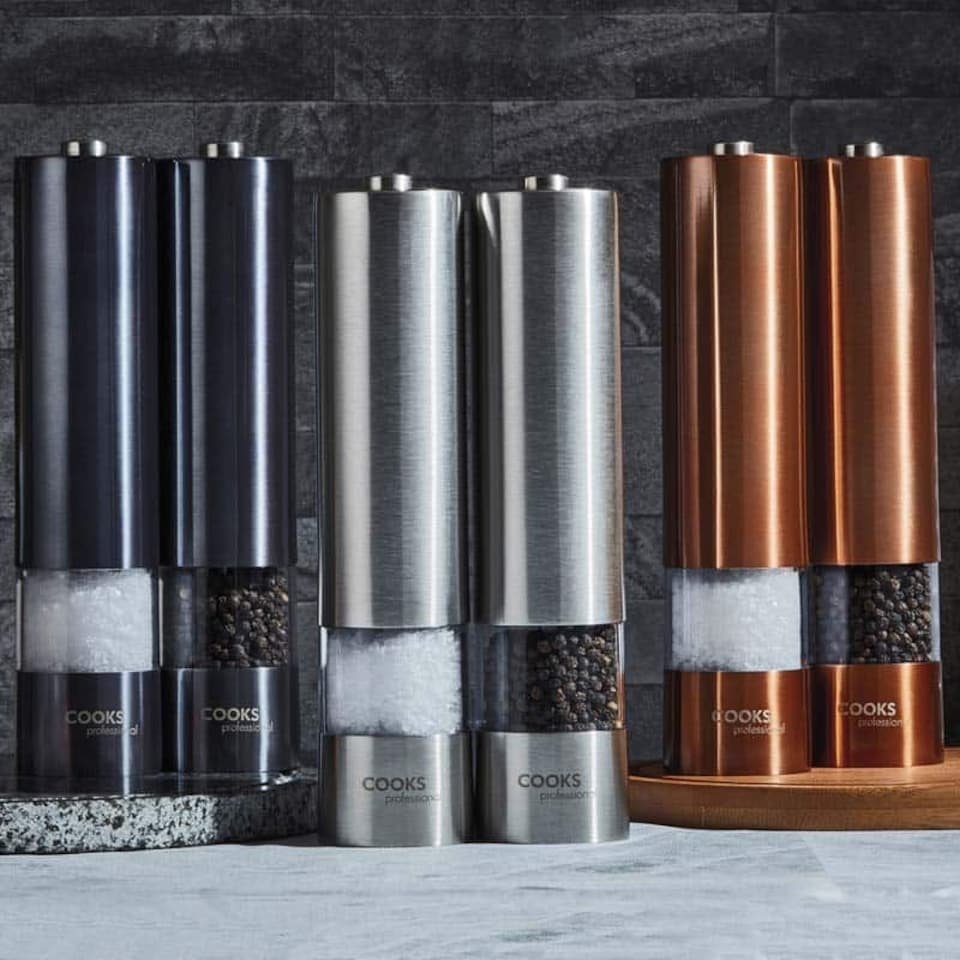 image 1 of Cooks Professional Electric Salt & Pepper Mill Set | Adjustable Grind Settings | Simple One-Button Operation | Graphite