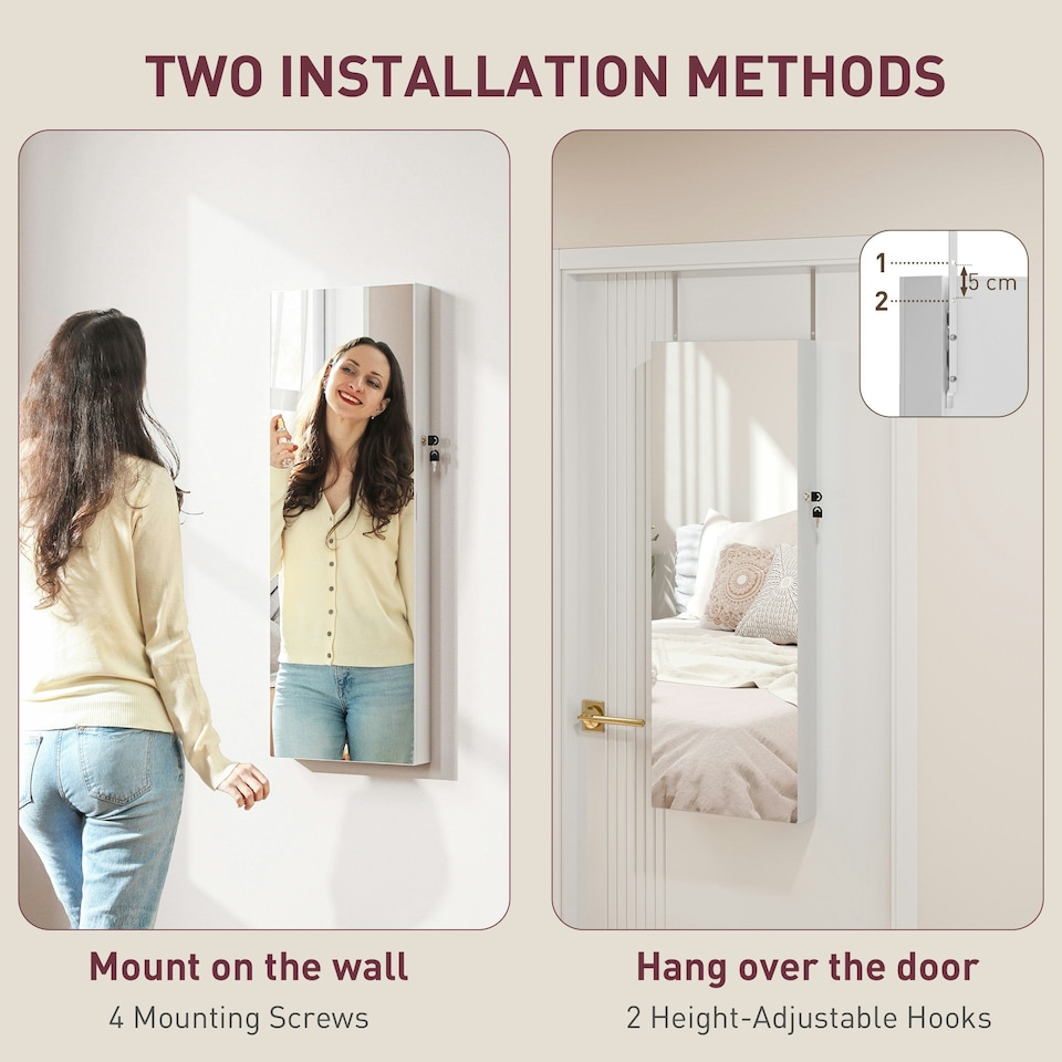 image 1 of HOMCOM Door Hanging or Wall Mounted Jewellery Cabinet w/ Mirror Pink Lining