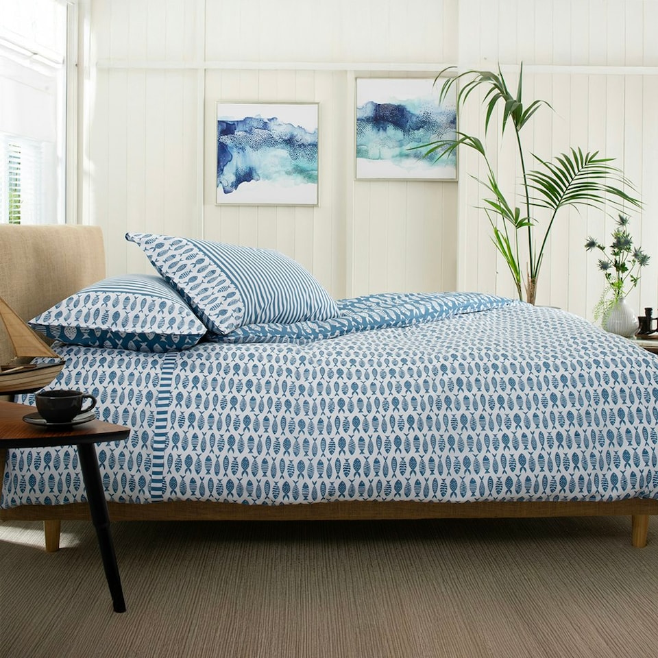 image 1 of Small Fish 100% Cotton Duvet Cover Set – Nautical Navy & White Design with Piped Edges White | Blue | Single
