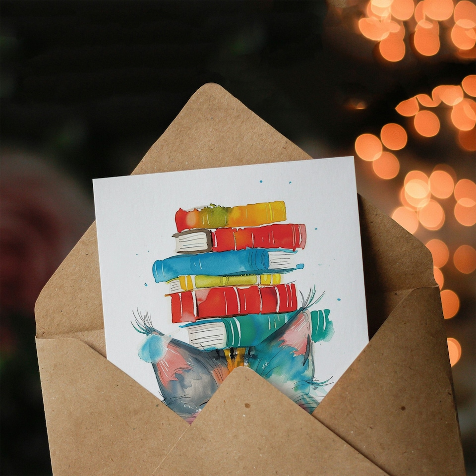 image 1 of Cat Kitten Book Stack Bright Watercolour Daughter Son Birthday Card