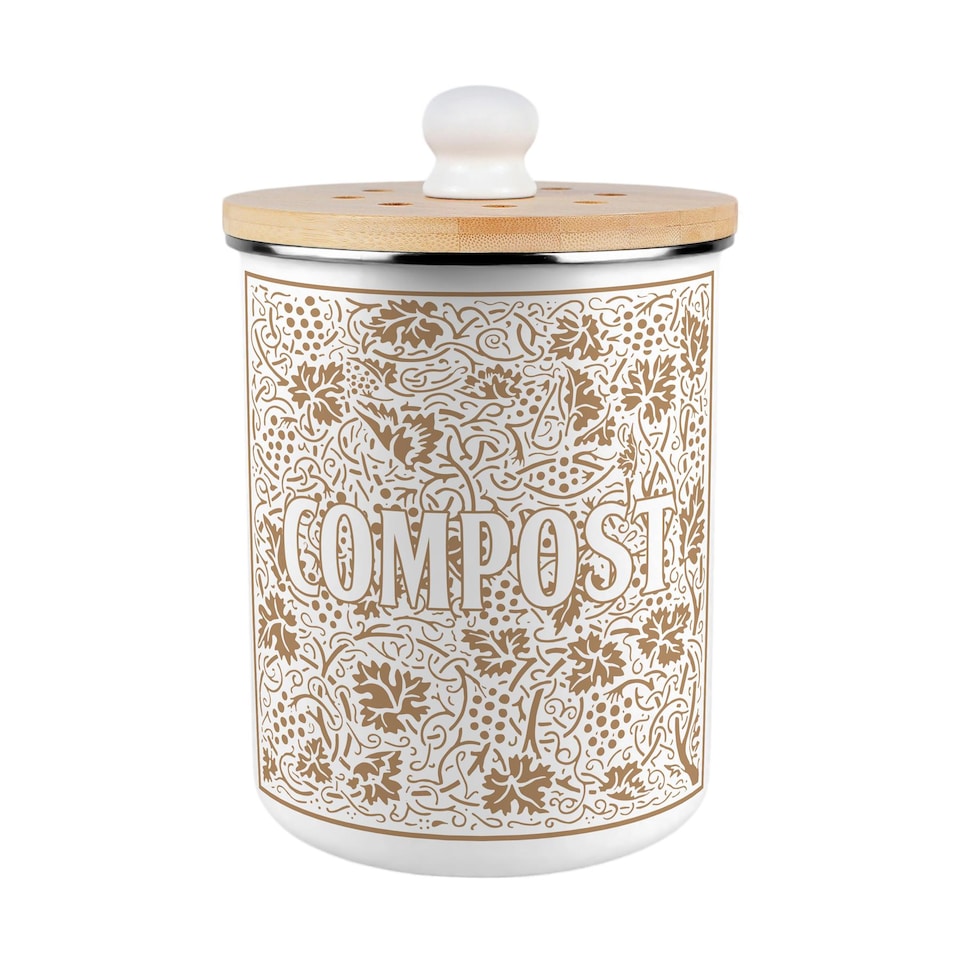 image 1 of Oak Leaves & Berries Compost Caddy - Metal 2L Golden Yellow Decorative Kitchen Food Waste Bin