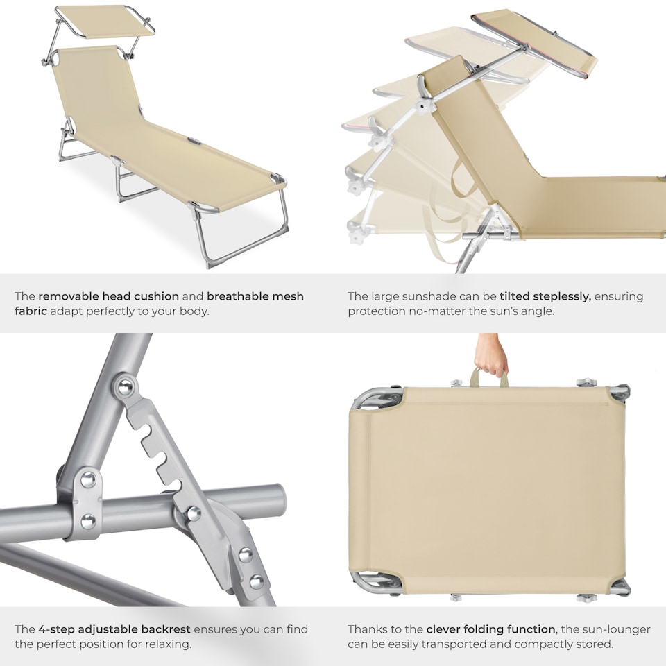 image 1 of Sun Lounger - foldable, adjustable sunroof, 4-step backrest, head cushion | Cream | beige | 1