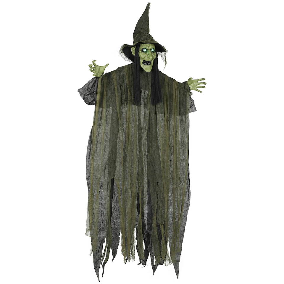 image 1 of Outsunny Voice Activated Halloween Animatronics Hanging Witch, Green