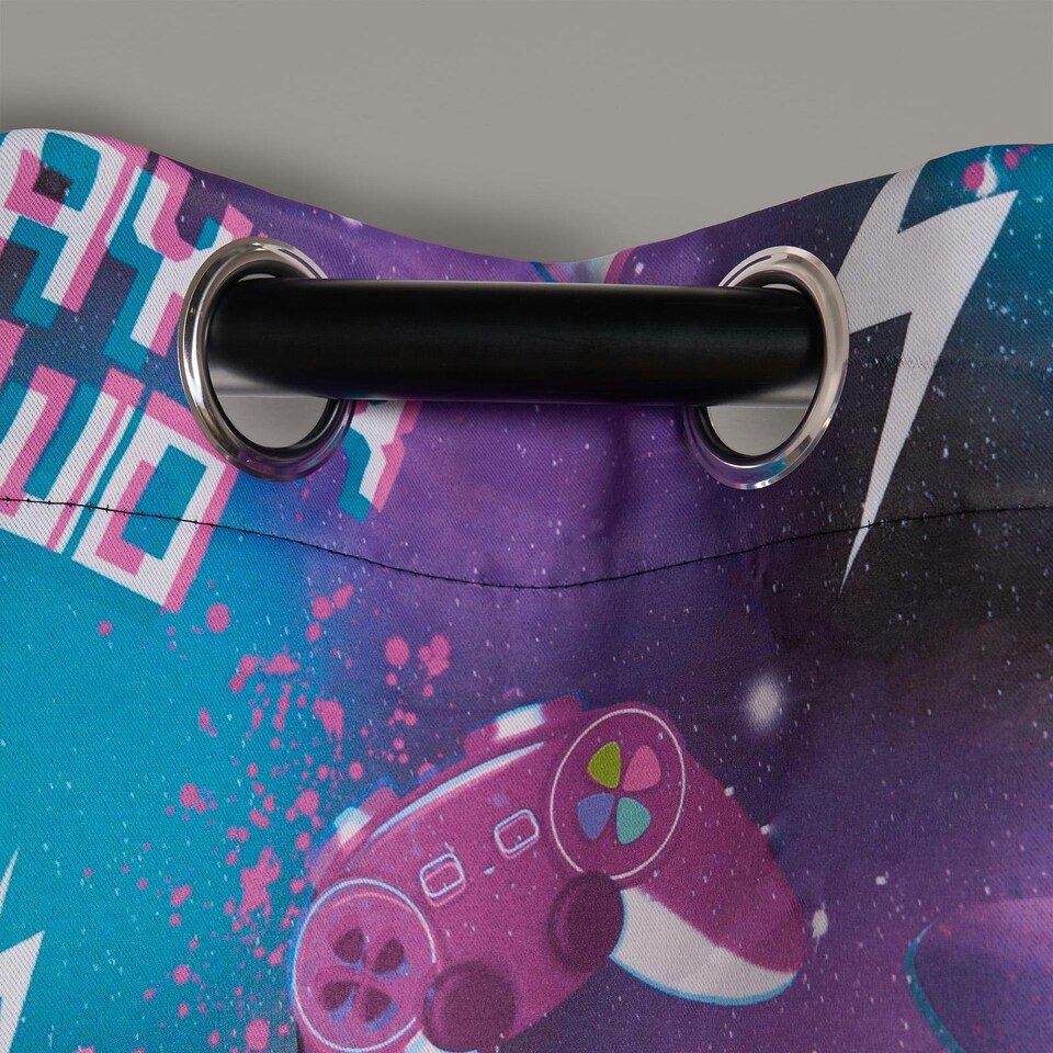 image 1 of OHS Kids Gaming Blackout Eyelet Curtains Ring Top Ready Made Panel Pair, 46x72" Purple | Neon Purple