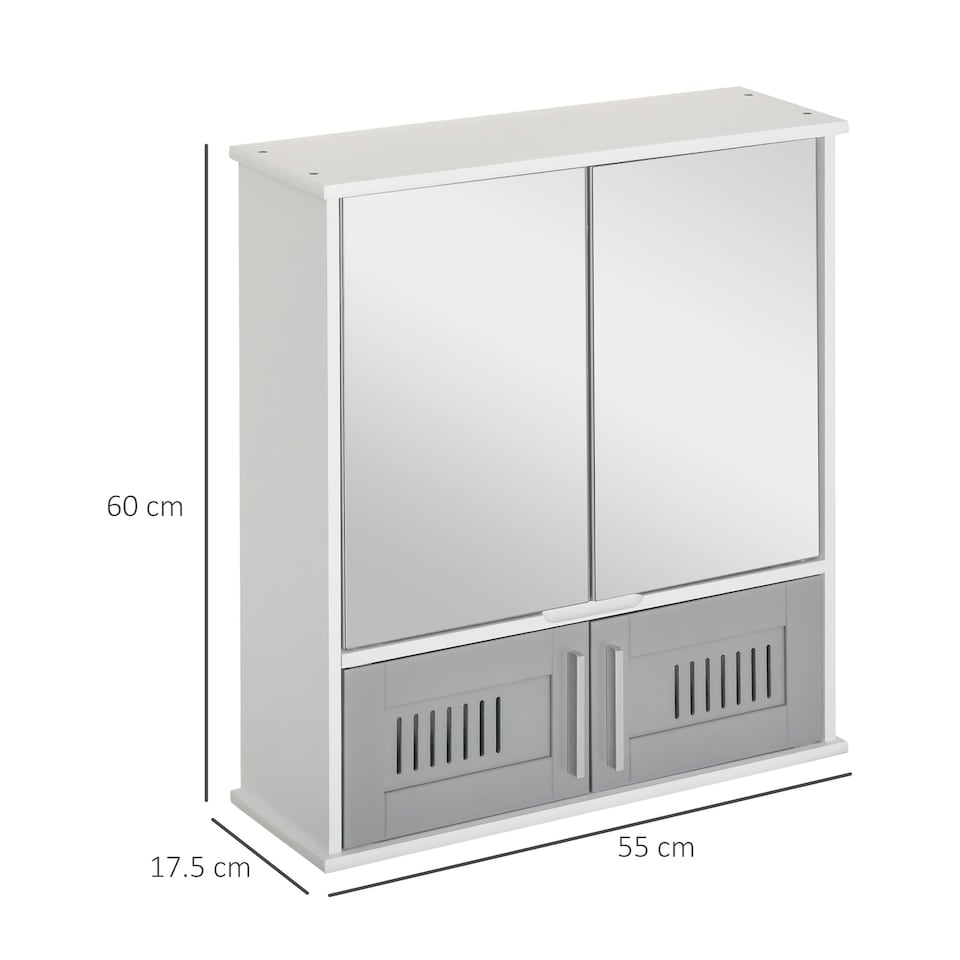image 1 of kleankin Bathroom Mirror Cabinet Wall Mount Storage Unit Double Doors, Grey