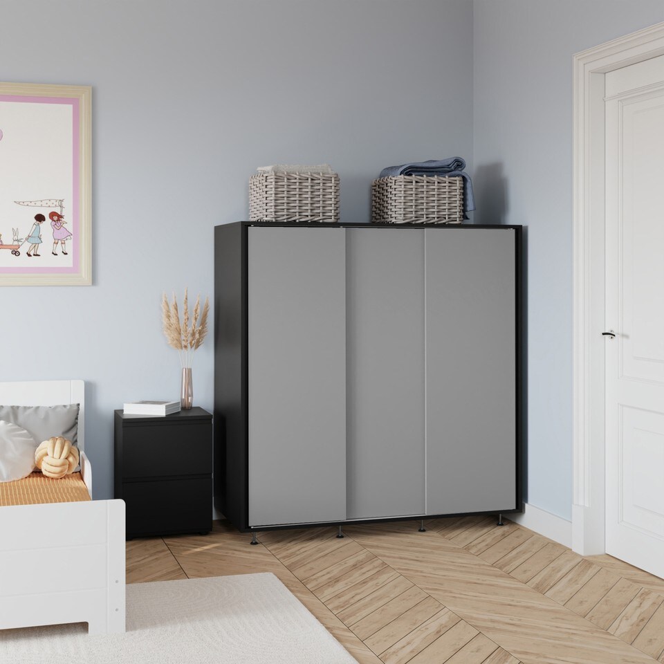image 1 of 120cm 3 Sliding Doors Children Kids Wardrobe Bedroom Storage Closet Hanging Rail | Multi | Black with Grey Doors | 1