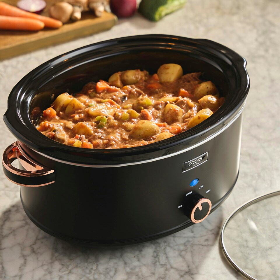 image 1 of Cooks Professional Slow Cooker 6.5 Litre with Dishwasher Safe Bowl, 2 Heat Settings & Keep Warm Function | Black & Rose Gold