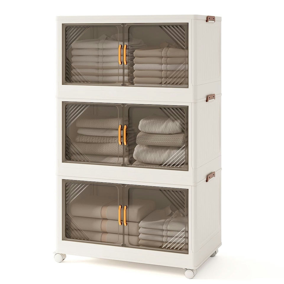 image 1 of COSTWAY 213L Folding 3-Tier Stackable Storage Containers White