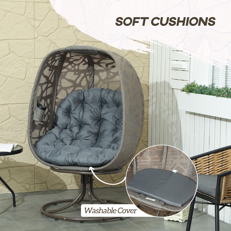 image 1 of Outsunny Swivel Egg Chair with Cushions, Foldable Basket Seat and Metal Frame, Indoor Outdoor Lounge Chair for Balcony, Patio and Living Room, Grey | Grey | Grey